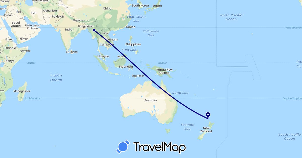 TravelMap itinerary: driving in Myanmar (Burma), New Zealand (Asia, Oceania)