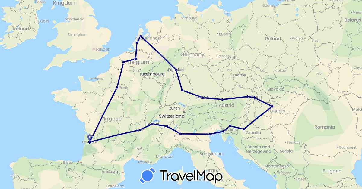 TravelMap itinerary: driving in Austria, Belgium, Switzerland, Germany, France, Croatia, Hungary, Italy, Netherlands, Slovenia, Slovakia (Europe)